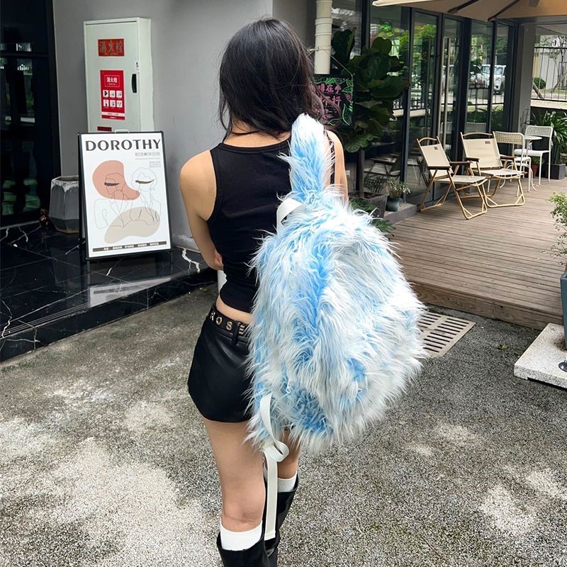 JIAERDI Ice Blue Long Plush Ba - Fashion Backpack Women 评论和价格